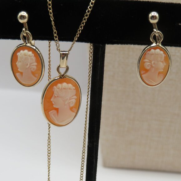 Van Dell Vintage Cameo Necklace Earrings Set 12K Gold Filled - Picture 3 of 12